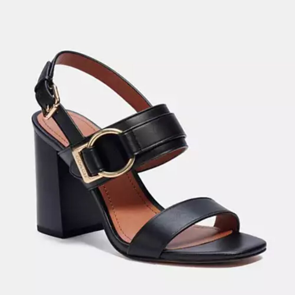 Coach Black Leather Block Heel Sandals with Gold Buckle